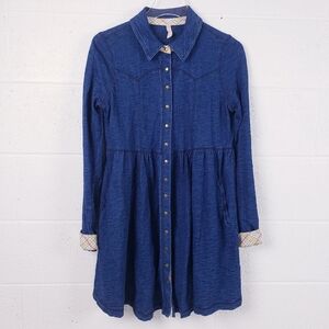 Free People Chambray Indigo Knit Baby Doll Snap Front Mini Dress Blue Size Small